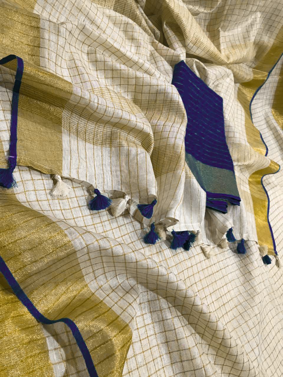 Pure Linen Checked Saree with Gold Zari Border โ Traditional Onam Special | Handwoven Festive Saree